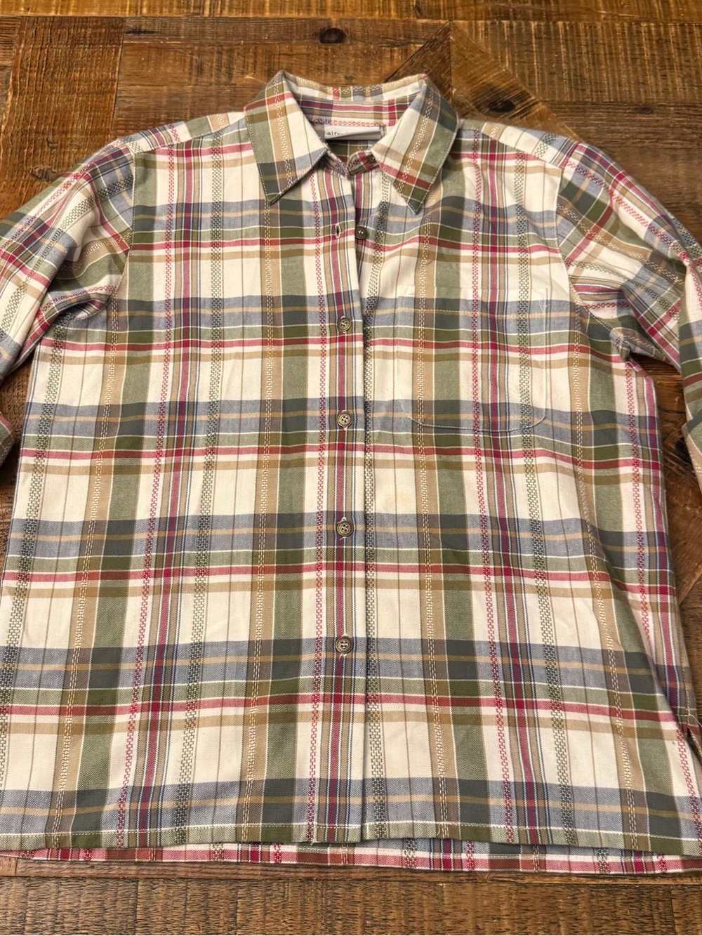Alfred Dunner Plaid Button-Down Shirt in Olive, Blue & Tan Size 6P